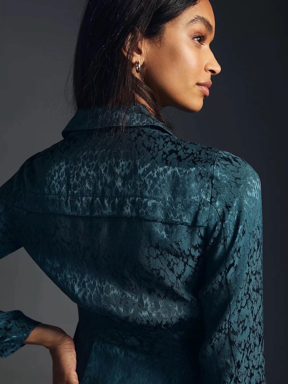 Anthropologie Blazer Wrap Dress Dark Teal Satin Textured Midi Long Sleeve Sz 8 - Picture 3 of 12
